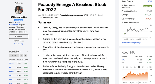 Snapshot of author's January 28th, 2022 article on Peabody Energy (<a href='https://seekingalpha.com/symbol/BTU' _fcksavedurl='https://seekingalpha.com/symbol/BTU' title='Peabody Energy Corporation'>BTU</a>) published on Seeking Alpha.