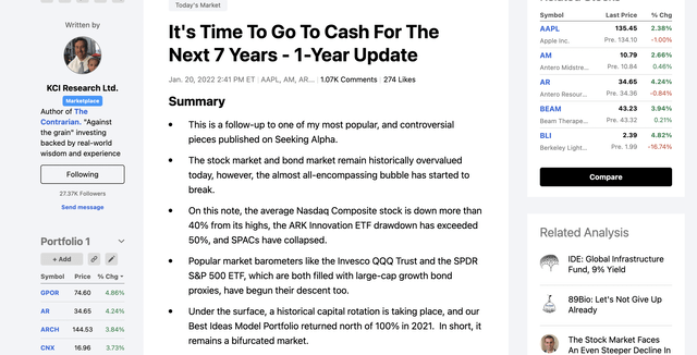 Snapshot of author's January 20th, 2022 article on Seeking Alpha.