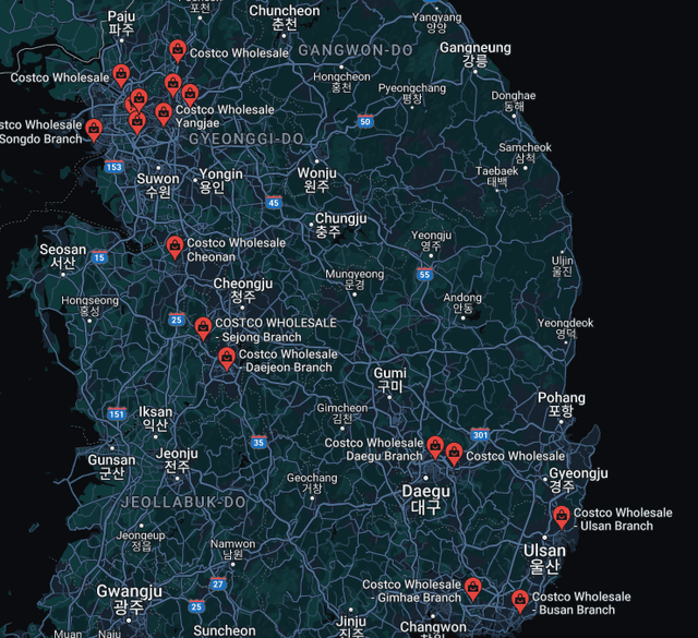 Locations of Costco stores in Korea