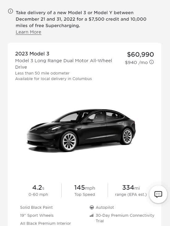 Screenshot showing Tesla's $7,500 rebate