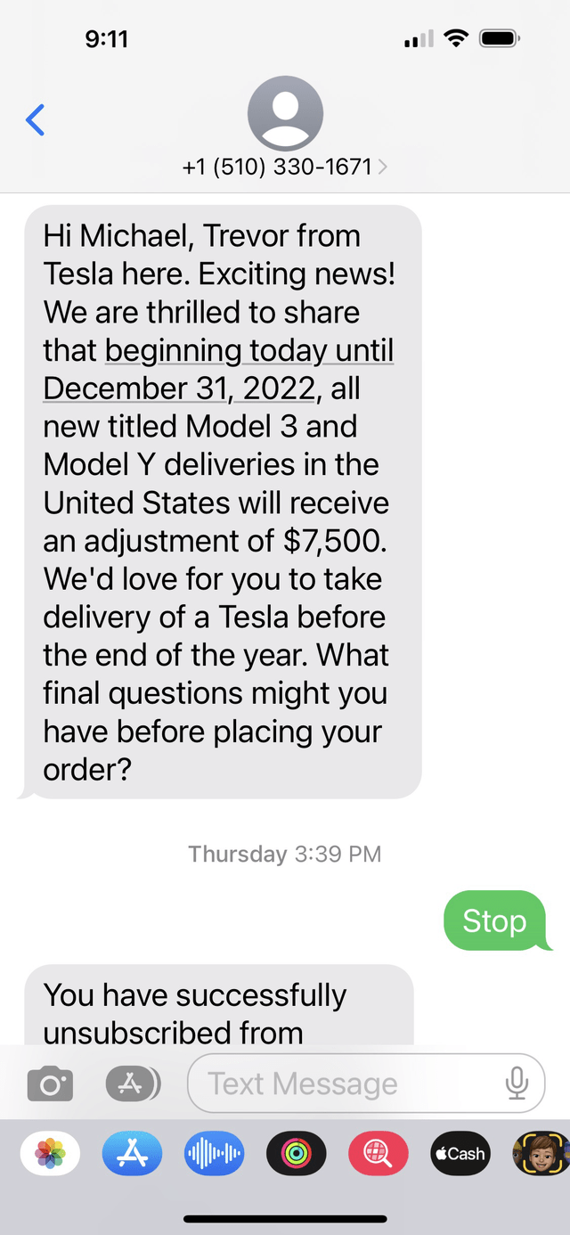 text from Tesla offering $7500 discount on car