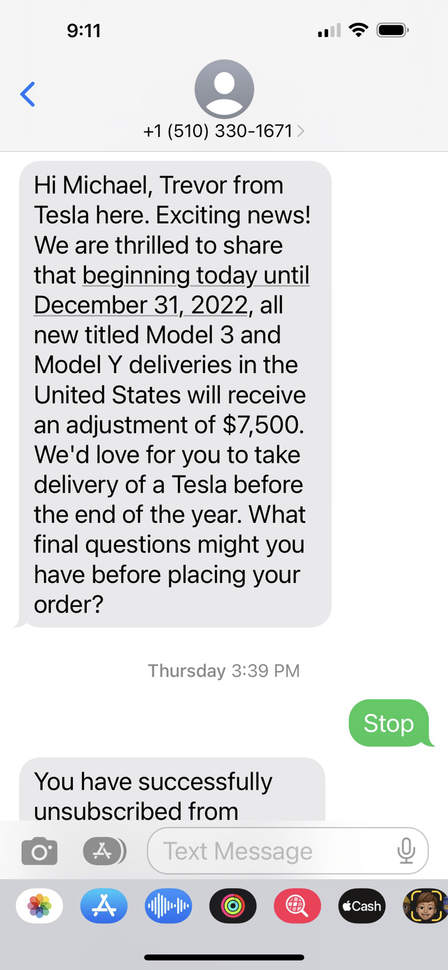 A text message from Tesla offering a $7,500 discount on the car