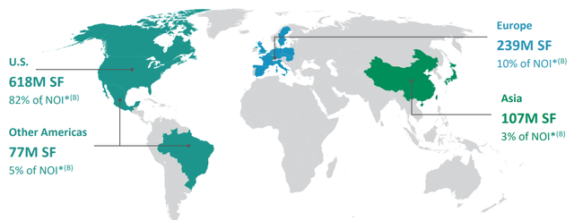 map of the world, showing 618 msf in the U.S., 239 msf in Europe, 107 msf in Asia, and 77 msf in South America (all in Brazil)