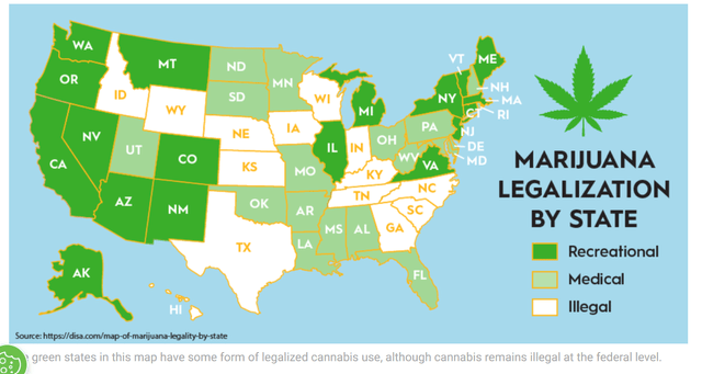 Map of U.S. States and the legality status of Marijuana