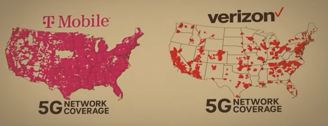 Map comparison 5G coverage for T-Mobile and Verizon