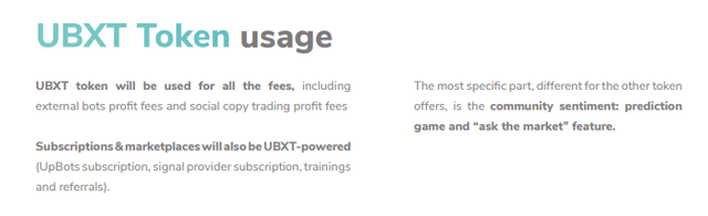 UpBots whitepaper snip: UBXT token usage details