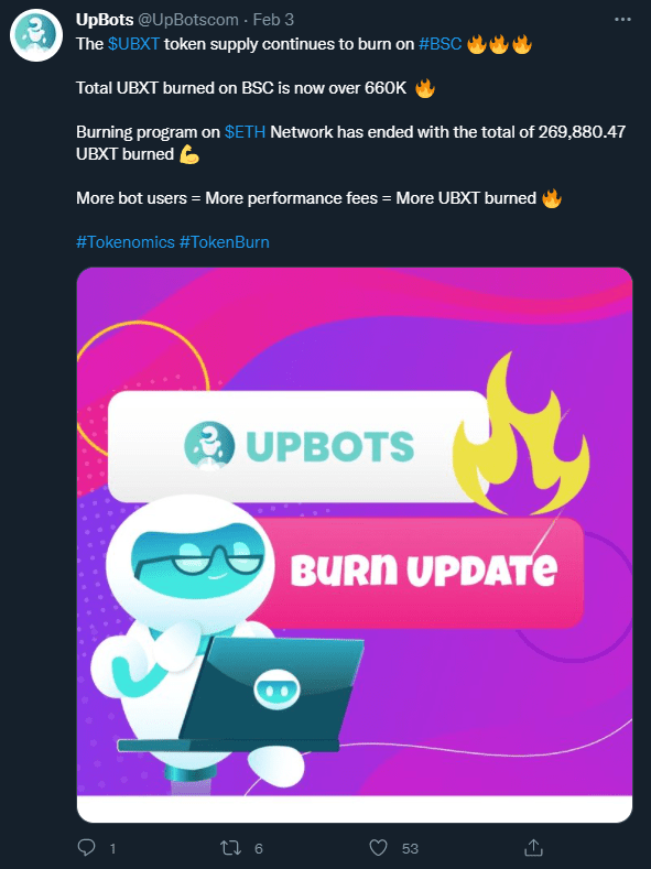 UpBots Twitter screen grab: almost 920,000 UBXT tokens have been burned