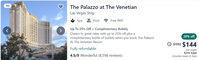screen grab of The Palazzo rate per night on Expedia