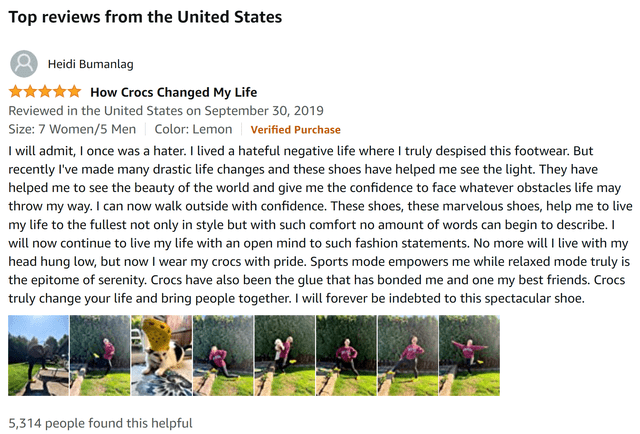 Image of a customer review for Crocs Classic Clog on Amazon.com