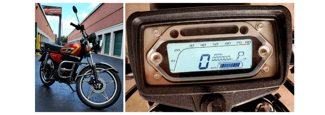 EV motorcycle and close-up of digital display