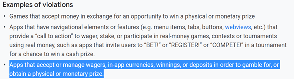 Google Policy on real money gaming apps