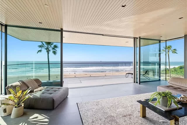 living room looking out at beach