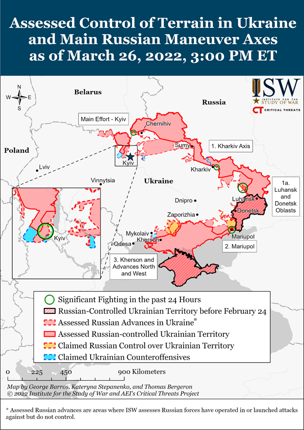 Assessed control of terrain in Ukraine and main Russian maneuver axes as of March 26, 2022, 3:00 PM ET