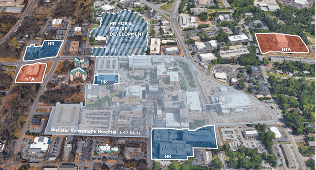 An aerial view of a portion Atlanta showing HTA and HR properties