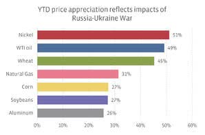 Commodities YTD price appreciation reflects impacts of Russia-Ukraine war