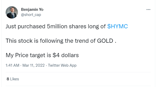 Tweet about buying shares in HYMC