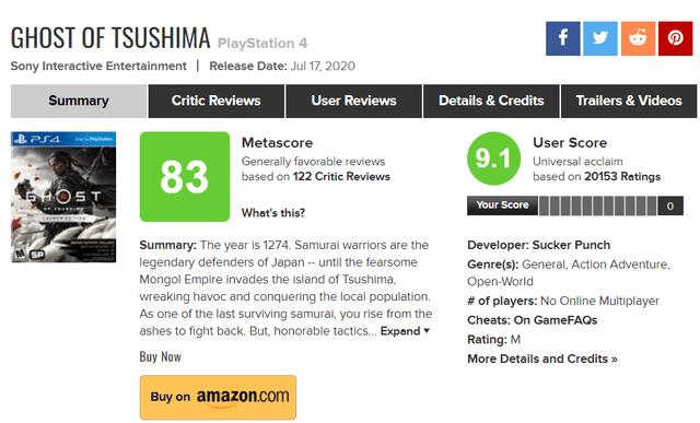 Ghost of Tsushima Metacritic