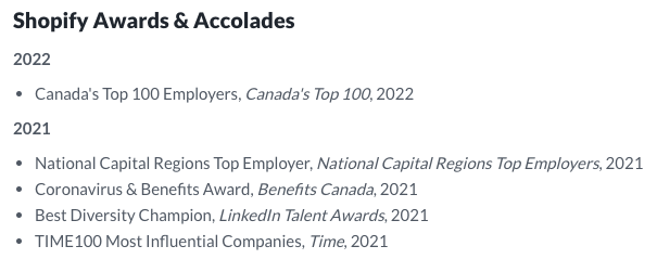 Shopify Awards and Accolades (Glassdoor)