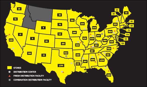 A picture of Dollar General's store count by state in the US.