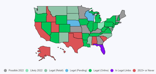 The image shows the legal stance on each state for the US sports betting market.