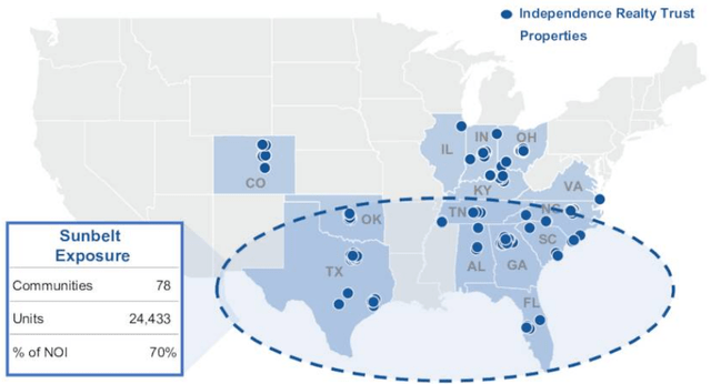 map of U.S., showing IRT properties concentrated in the Southeast, with presence also in Texas, Oklahoma, Colorado, Illinois, Indiana, and Ohio