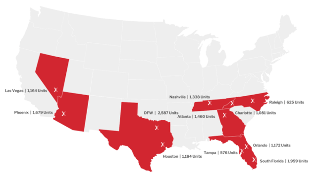 Map of U.S., showing markets where NXRT has properties
