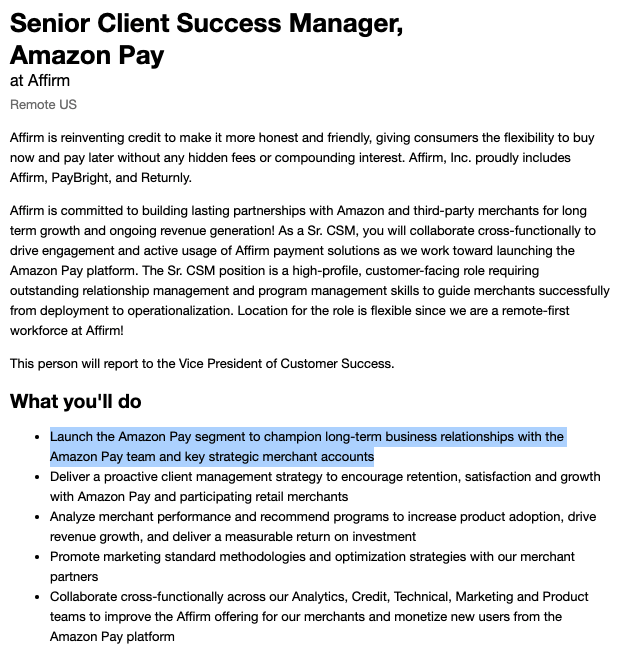 Affirm Amazon Pay Job Description
