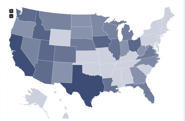 map of U.S., with states shaded according to concentration of facilites