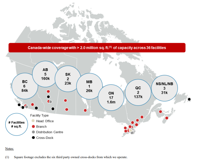 map showing the locations and square footage of each AHG facilities in Canada