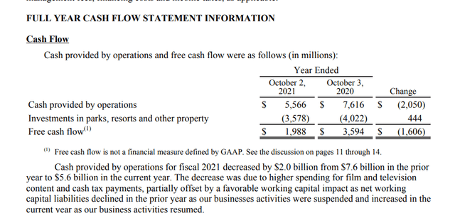 Disney Reporting Of Full Fiscal Year 2021 Cash Flow Comparison