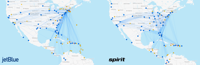 JetBlue and Spirit Airlines routes