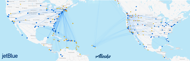 JetBlue and Alaska Airlines routes