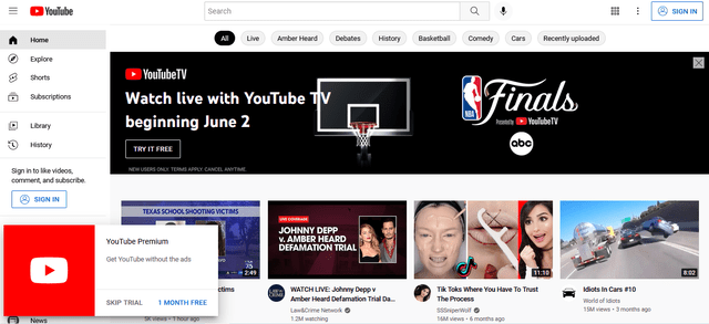 YouTube home page