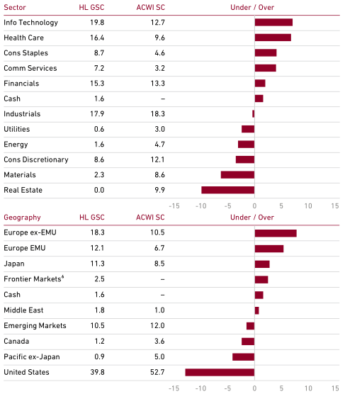 table: Portfolio Positioning (% Weight) by sector and geo