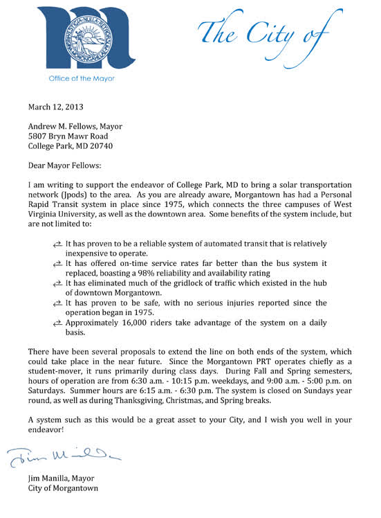 2013 Letter from the Mayor of Morgantown