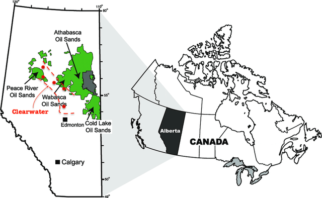 A map showing the distribution of Peace River, Athabasca, and Cold Lake oil sands in northern Alberta, Canada, with approximate extent of the cold-flowable Clearwater play