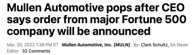 Mullen announced a deal with a Fortune 500 company