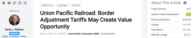 Union Pacific Railroad: Border Adjustment Tariffs May Create Value Opportunity
