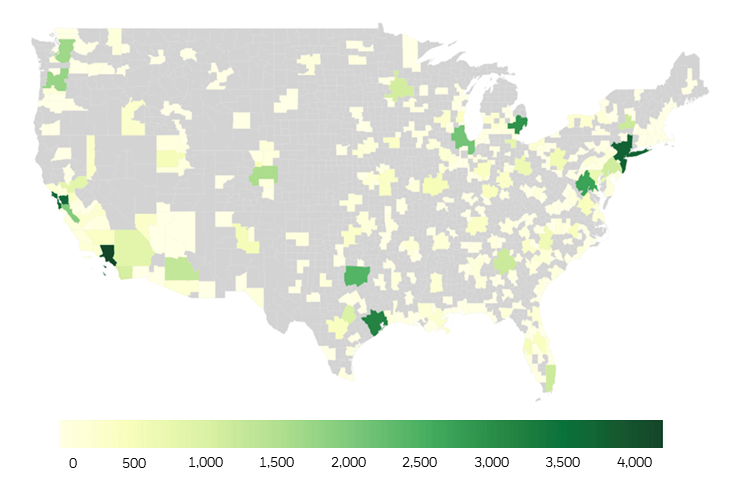 Visual showing the geographic concentration of green jobs across metropolitan areas.