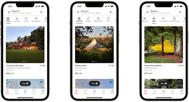 Airbnb categories as seen on the phone
