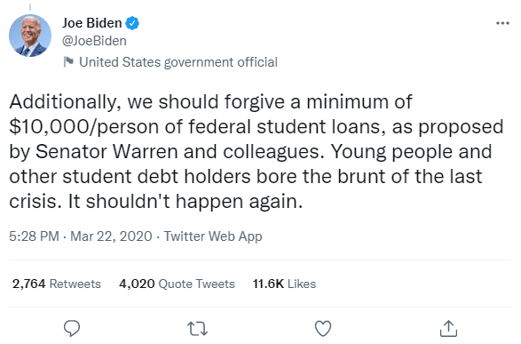 Biden tweet about $10,000 in student loan forgiveness