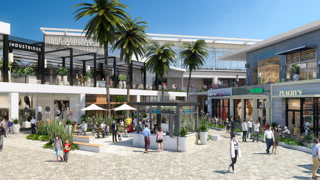 A rendering of a busy outdoor retail center.