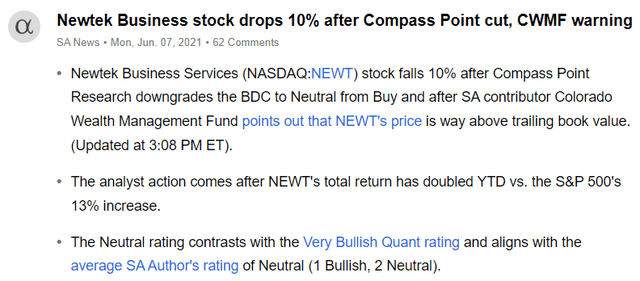 Announcement of NEWT falling 10% after our warning on valuation