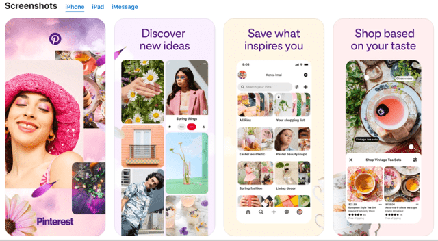 Screenshots of the Pinterest app