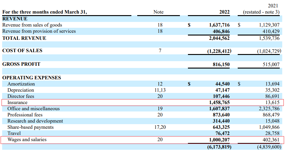 Draganfly Q1 2022 income statement