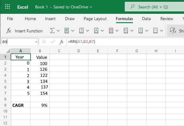 Excel spreadsheet using the RRI function to determine CAGR