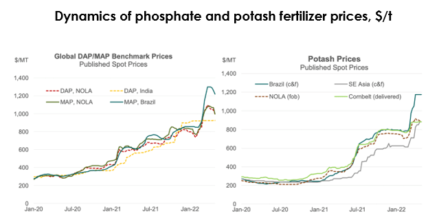 Price dynamics of phosphorus and potash fertilizers, $/t