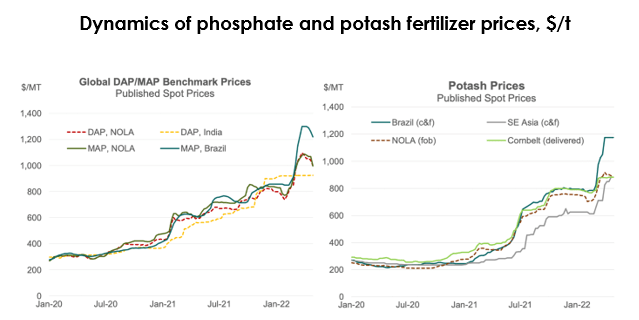 Dynamics of phosphate and potash fertilizer prices, $/t