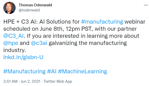 Tweet about C3.ai and HPE collaboration