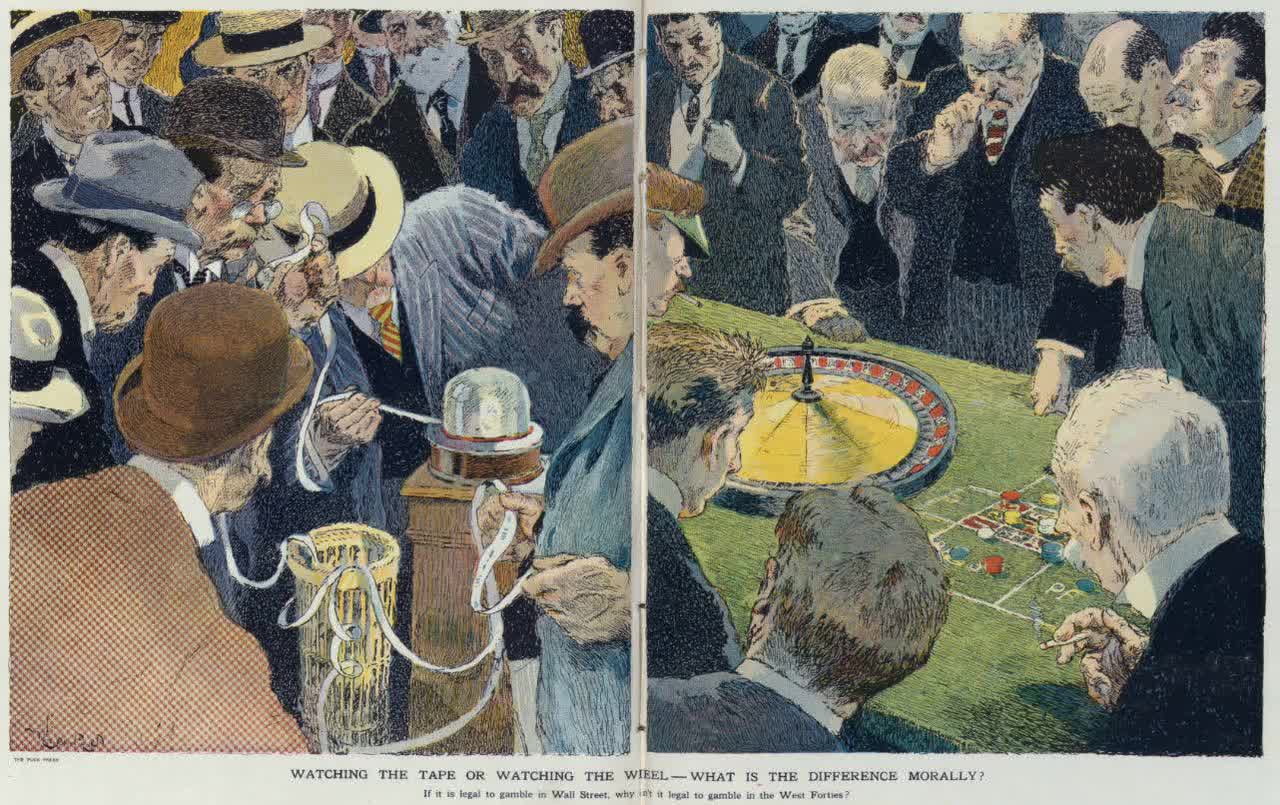 "Watching the tape or watching the wheel – what is the difference morally?" 1912 illustration by Will Crawford.